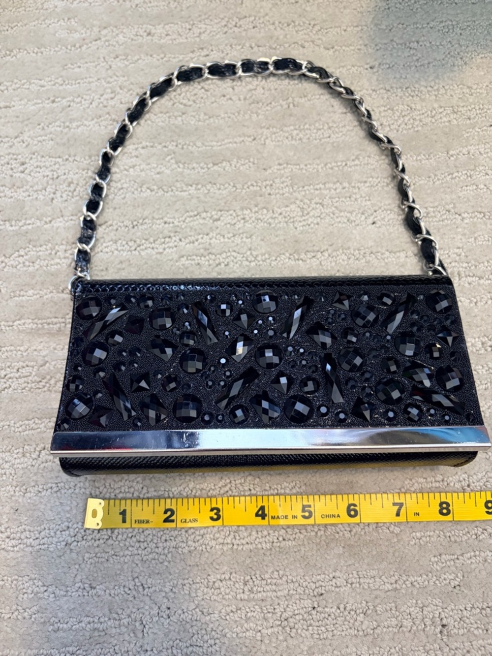 Black Jeweled Evening Clutch with Chain Handle